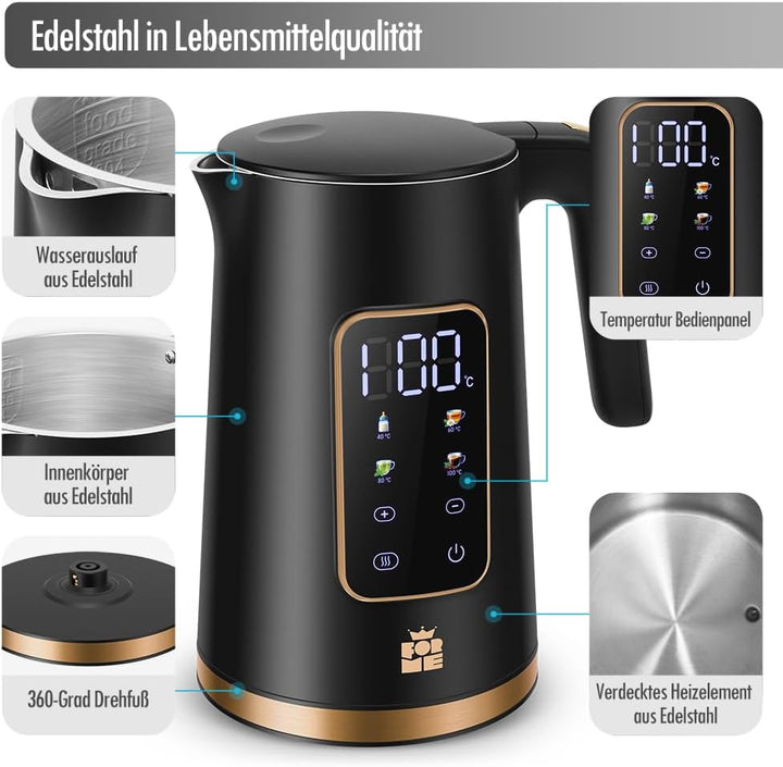 ForMe Edelstahl Wasserkocher 1,7 L mit Temperatureinstellung Temperaturwahl 40-100°C I LED Digitale