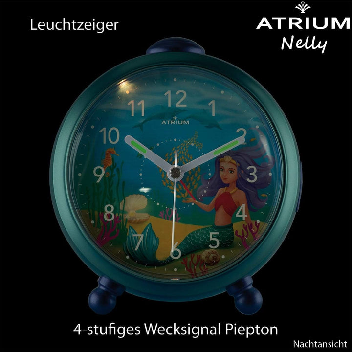 Atrium Kinderwecker Mädchen Nelly Meerjungfrau Türkis Lila Analog Quarz ohne Ticken mit Licht und Sn