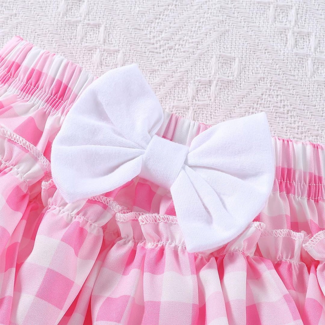 Neugeborene Baby Mädchen Sommer Outfit Rüschen Kurzarm Top+ Bowknot Bloomers Tutu Rock Shorts+ Stirn