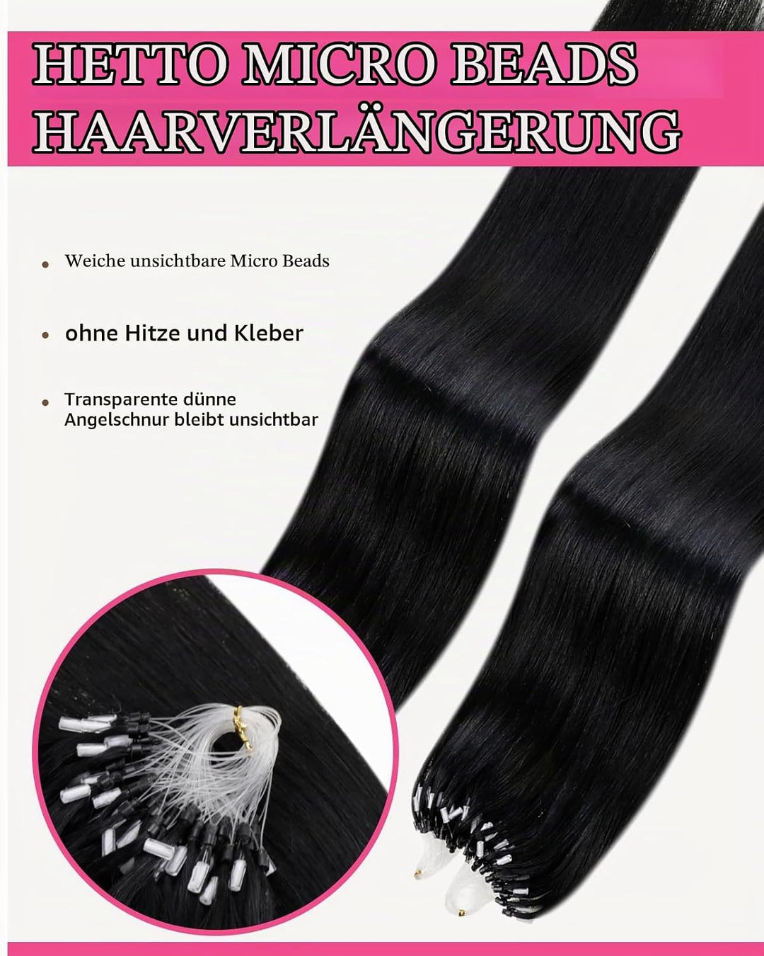 Hetto Microring Extensions Echthaar 45cm 50g Schwarz Haarverlängerung Microring Echthaar Extensions