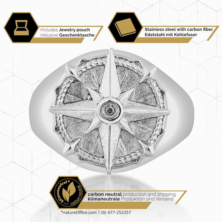 Akitsune Guidance Ring | Kompass Karte Nord Nautisch Ring Herren Edelstahl Designer Antik-Silber 54