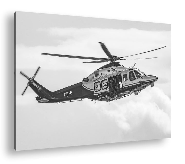 deyoli Helikopter im Einsatz Effekt: Schwarz&amp;Weiss Format: 80x60 als Leinwandbild, Motiv fertig gera