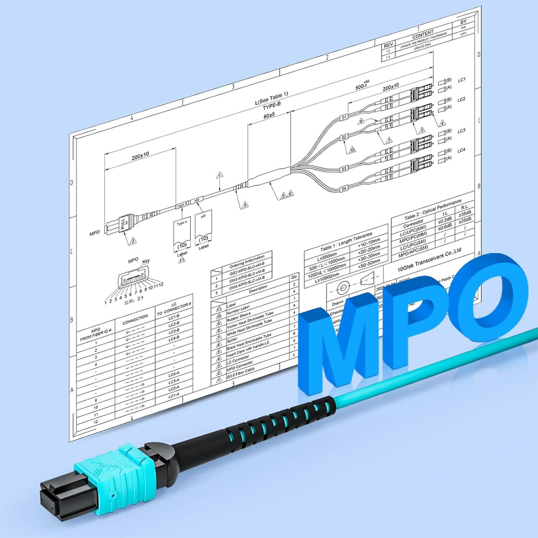 10Gtek Fiber Optic Cable Patch Cord - MPO to 8X LC Fanout Fiber Jumper Cable, OM3 MMF 8-core Fiber,