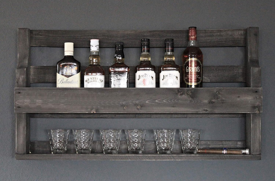 Dekorie Whisky Regal aus Holz - mit Gläserhalter - Schwarz - Industrie Stil - fertig montiert - Wand