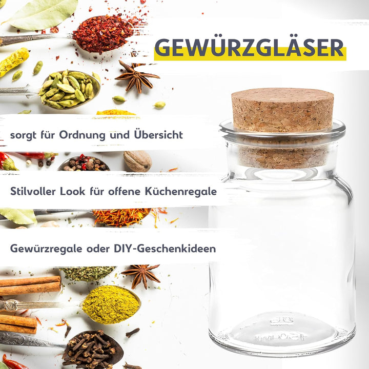 mikken 24 Gewürzgläser 150ml mit Korken – runde Glasbehälter mit Kork-Verschluss inkl. Holzschaufel