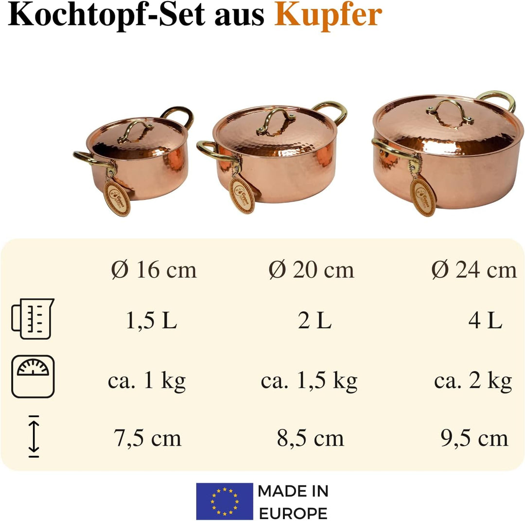CopperGarden Kupfertöpfe 3er Set mit Deckel &amp; Messinggriffe I Gehämmerte Kupferkochtöpfe: Ideale Wär