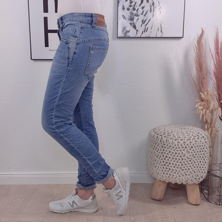 Karostar Damen Boyfriend Stretch Jeans mit offener Knopfleiste 4XL Denim Special Pocket, 4XL Denim S