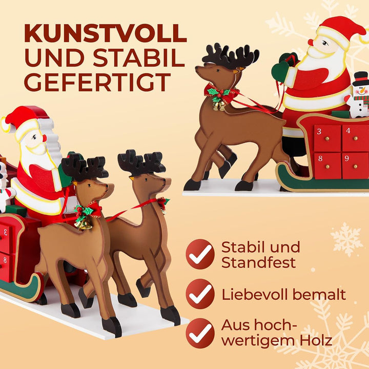 Spielwerk® Wiederverwendbarer Adventskalender Schlitten zum Befüllen 24 Türchen Bunt Bemalt Weihnach