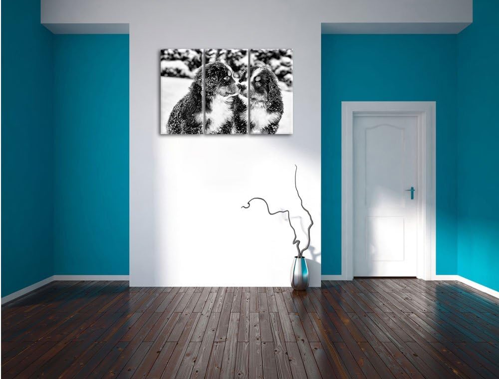 Pixxprint Monocrome, Bernersennen Hunde Welpen im Schnee 3-Teiler Leinwandbild 120x80 Bild auf Leinw