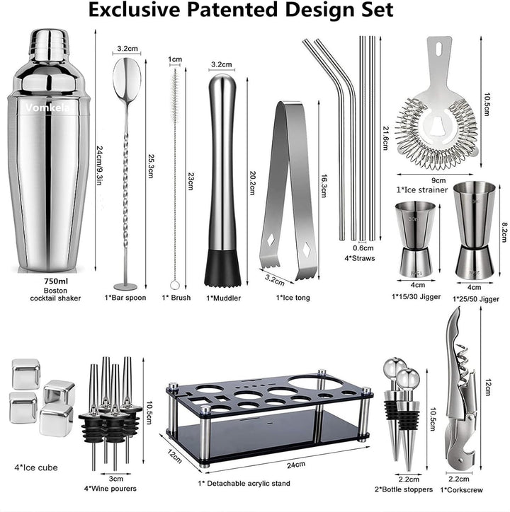 Cocktail Set 750ml Cocktail Shaker,24pcs Bar Zubehör Coctail Mixer Set Barkeepers Friends Jigger,Bos