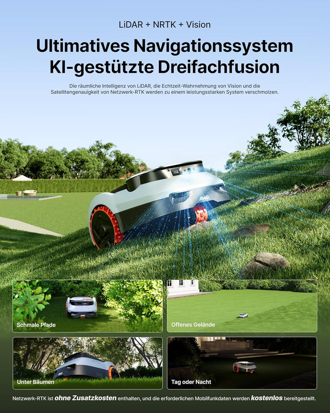 Segway Navimow i210 LiDAR Pro Mähroboter mit Garage M für 1000 m², LiDAR+Vision+NRTK Tri-Fusion-Posi