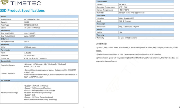 Timetec 256 GB SSD 3D NAND TLC SATA III 6 Gb/s M.2 2280 NGFF 128 TBW Lesegeschwindigkeit Bis zu 550