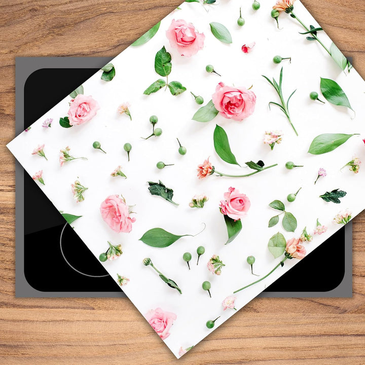 SmartDecoration Herdabdeckplatte Ceranfeldabdeckung aus Glas 60x52 cm Einteilig Motiv "Blumen" Weiss
