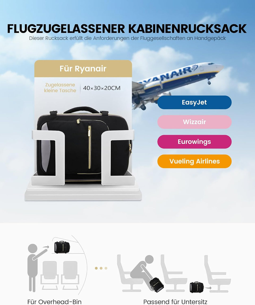 LOVEVOOK Ryanair Handgepäck 40x30x20, Klein Handgepäck Rucksack Tasche Reiserucksack Flugzeug, Carry