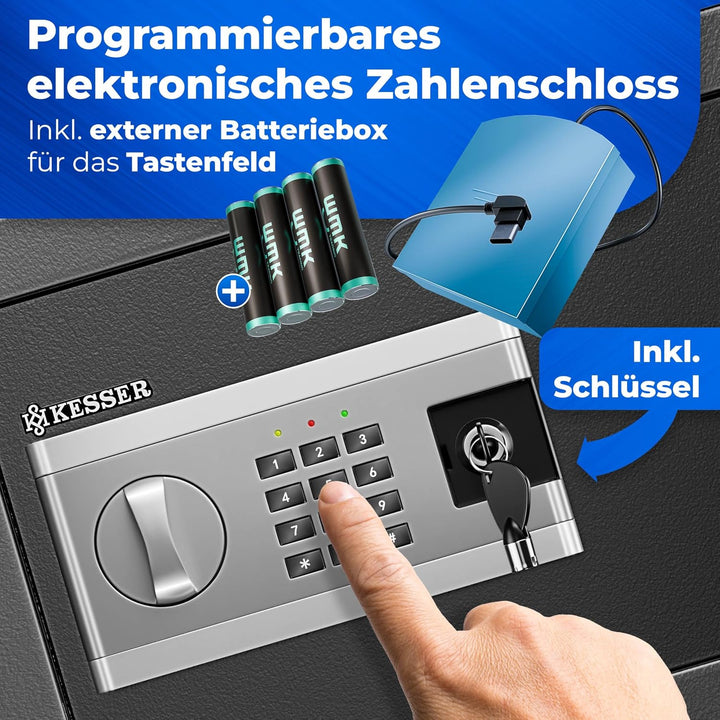 KESSER® Elektronischer Tresor | 31x20x20cm | Inkl. Batteriebox | Elektronischer Safe | 3x Doppelbolz