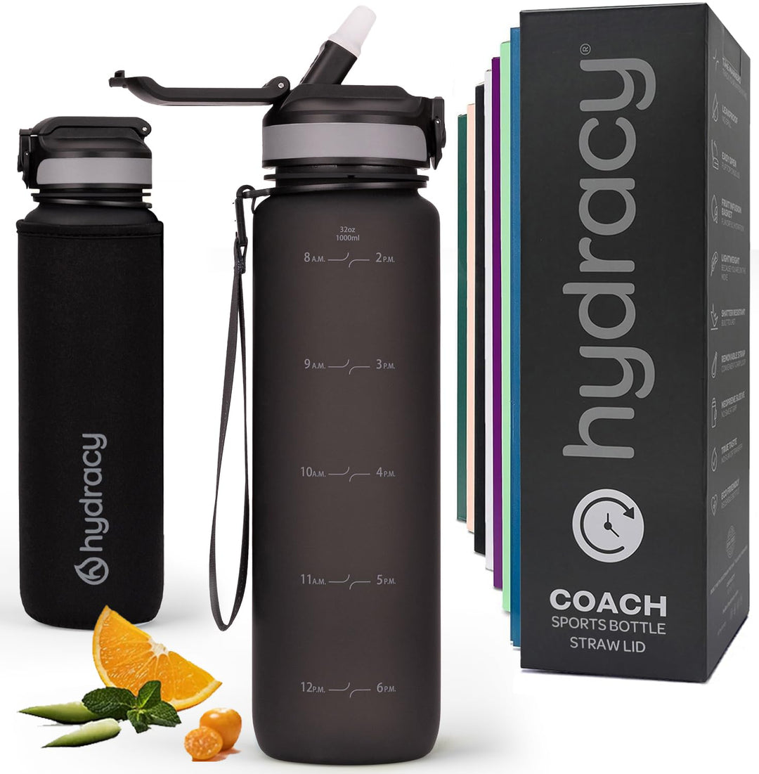 Hydracy Trinkflasche mit Strohhalm und Zeitmarkierung - 1L Wasserflasche - BPA-freie Trinkflasche -
