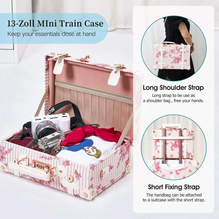 Unitravel Vintage Kofferset 3 Teilig, Retro PU-Leder Reisekoffer mit Kosmetikkoffer für Damen, Rosa