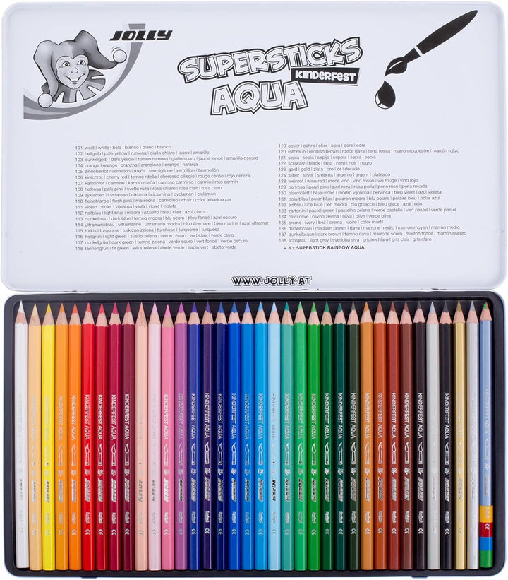JOLLY Superstick Aqua Buntstifte, Wasservermalbare Farbstifte, 36 Stück, aquarellierbar, bruchsicher