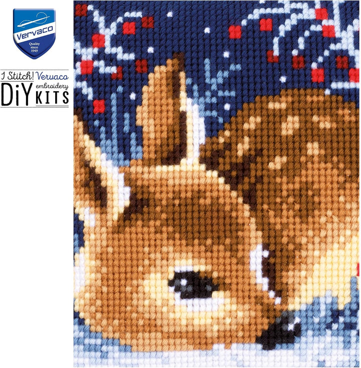 Vervaco Kreuzstichkissen Schlafendes Rehkitz Kreuzstichpackung, Stramin, Weiss, 40 x 40 x 0,3 cm