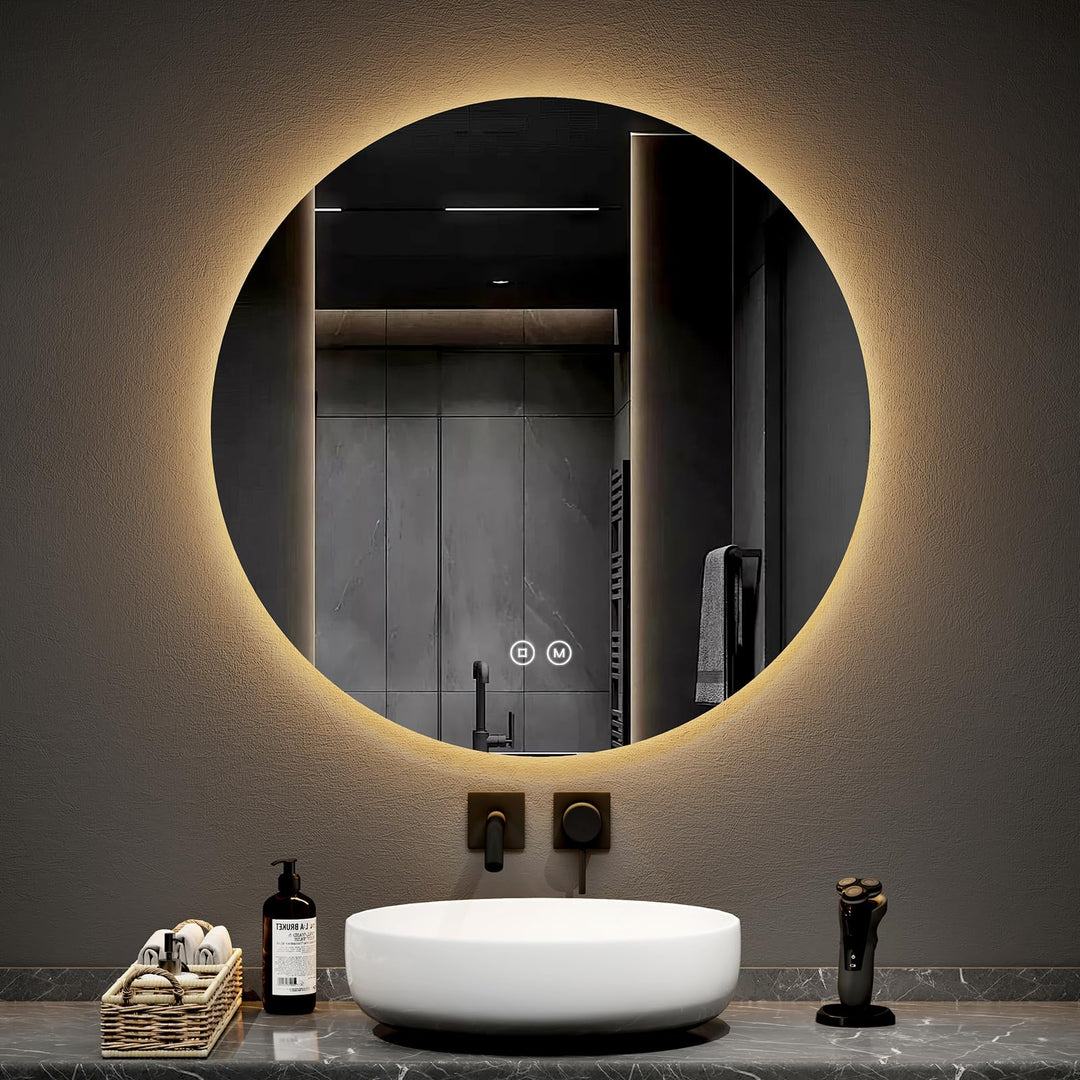 EMKE Badspiegel mit Beleuchtung rund 80cm, 3 Lichtfarbe 3 Lichtfarbe 80L x 80B cm, 3 Lichtfarbe 80L